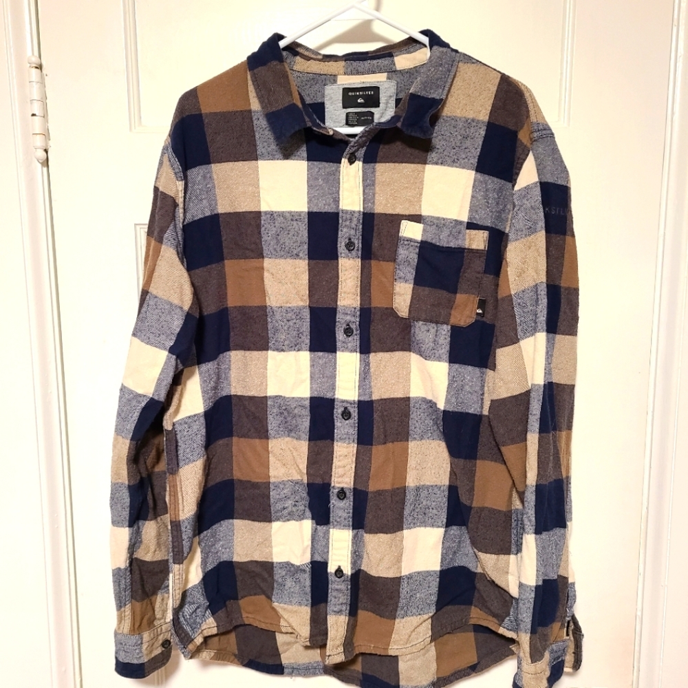 Quiksilver Blue Brown Cream Plaid Button-Down Shirt